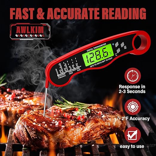 AWLKIM® Meat Thermometer Digital - Instant Read Waterproof Food Thermometer with Backlight for Cooking, Grill, Candy, Kitchen & Stocking Stuffers for Men - Red