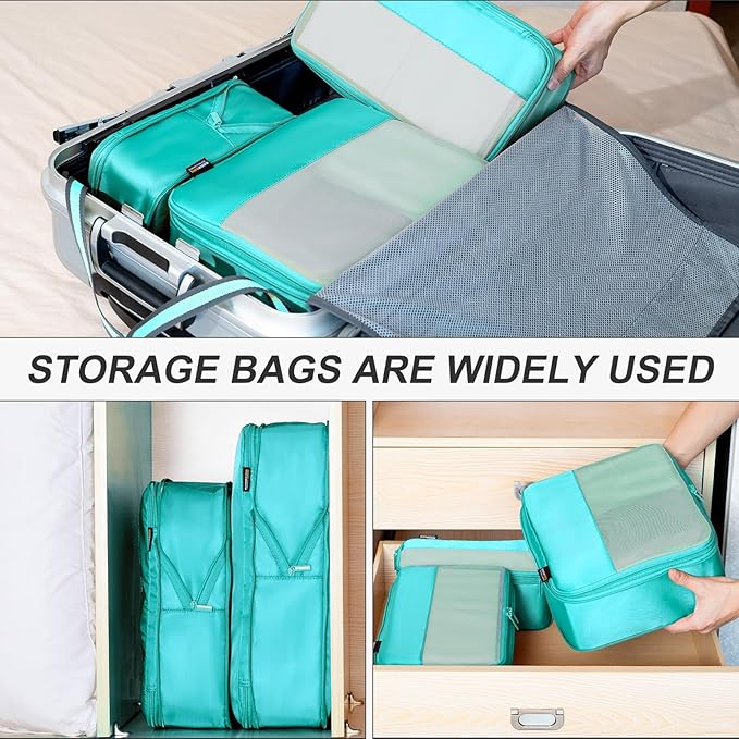 6 Set Compression Packing Cubes for Travel Essentials, Luggage Organizers for Suitcases (Teal)