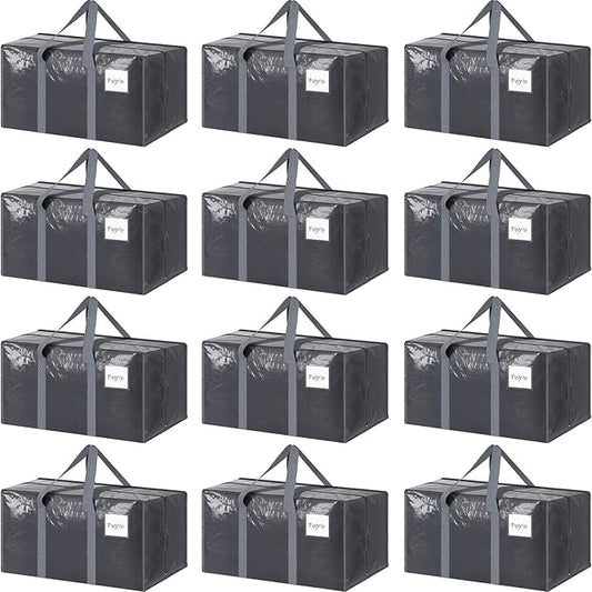 12 Pack Extra Heavy Duty Large Moving Bags with Strong Zipper & Comfortable Handles, Sturdy & Durable Clothes Storage Bags Totes Bins, Packing Moving Boxes for College Supplies, Gray