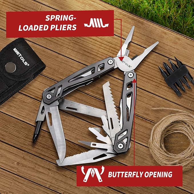 Gifts for Men Him Dad, WETOLS 21-in-1 Multitools with Pocket Knife, Stainless Steel Self-locking Pliers with 8 Screwdriver Bits, Multi Tool Camping Gear, EDC Knife with Pouch for Outdoor Survival