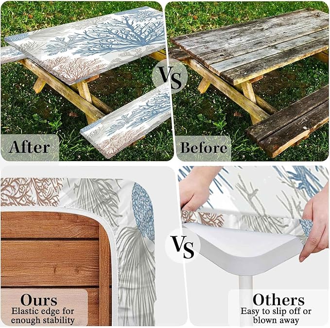 CAPSCEOLL Elastic Picnic Table Cover with Bench Covers 5Ft Waterproof Fitted Picnic Table Cover Cloths for Outdoors Camping Tablecloth with Drawstring Bag, 60X30in, Blue Sea