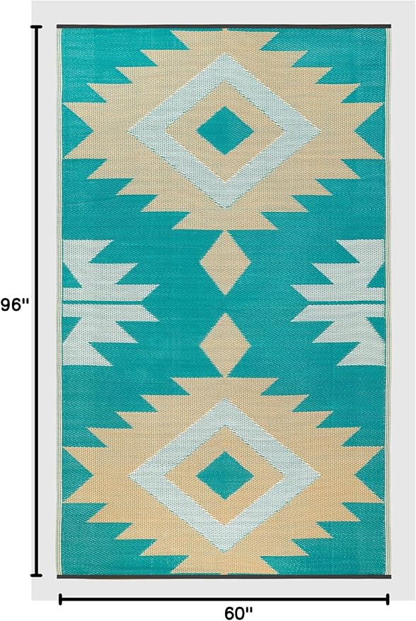 FH Home Outdoor Rug - Waterproof, Fade Resistant, Reversible - Premium Recycled Plastic - Geometric - Patio, Deck, Porch, Balcony - Bursa Kilim - Teal Crease Free - 5 x 8 ft