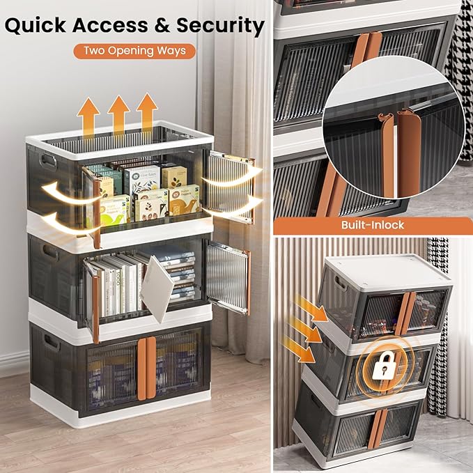 19Gal Collapsible Storage Bins with Lids & Wheels - 2 Pack Stackable with Doors, Heavy-Duty Plastic Containers for Home/Office, White