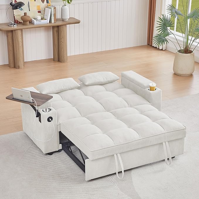 65'' Convertible Sleeper Sofa Bed with Pull-Out Design, 3-in-1 Modern Chenille Fabric Couch with 360° Swivel Side Table, Queen Size, Easy Assembly, for Living Room, White