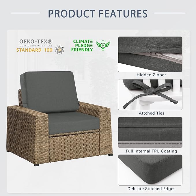 Favoyard Outdoor Deep Seat Cushion Set, 24 x 24 Inch Rainproof & 3-Year Fade Resistant Patio Furniture Cushions, Removable Seat Bottom & Back Cushion covers with Ties for Chair, Sofa, Couch, Dark Grey