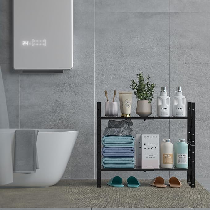 Expandable Spice Rack, Stackable Metal Pantry Storage Shelves Stand, Adjustable Height Cabinet Shelf Organizer Racks(3PACKS/BLACK,MEDIUM)