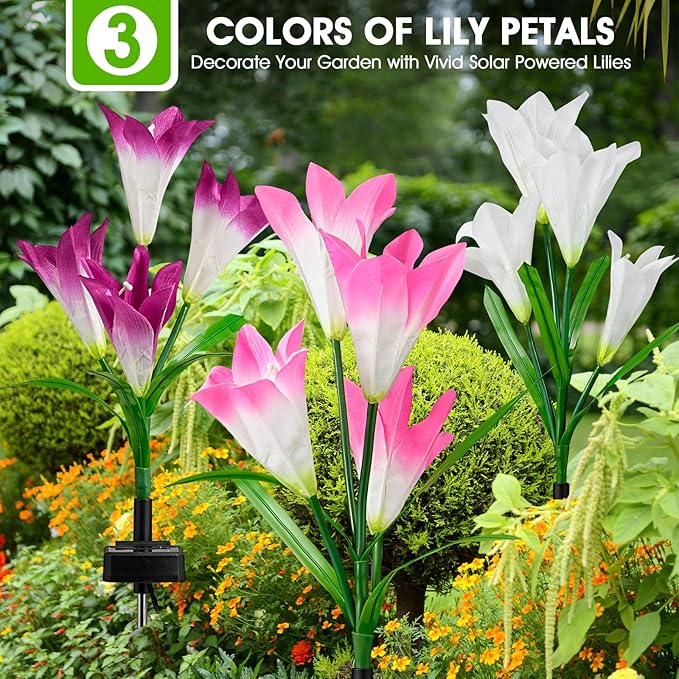 4 Pack Solar Garden Lights Outdoor, 7 Color Changing LED Powered Waterproof Lily Flowers Landscape Lights for Outside Yard, Patio, Pathway Decorative, Décor, Gifts
