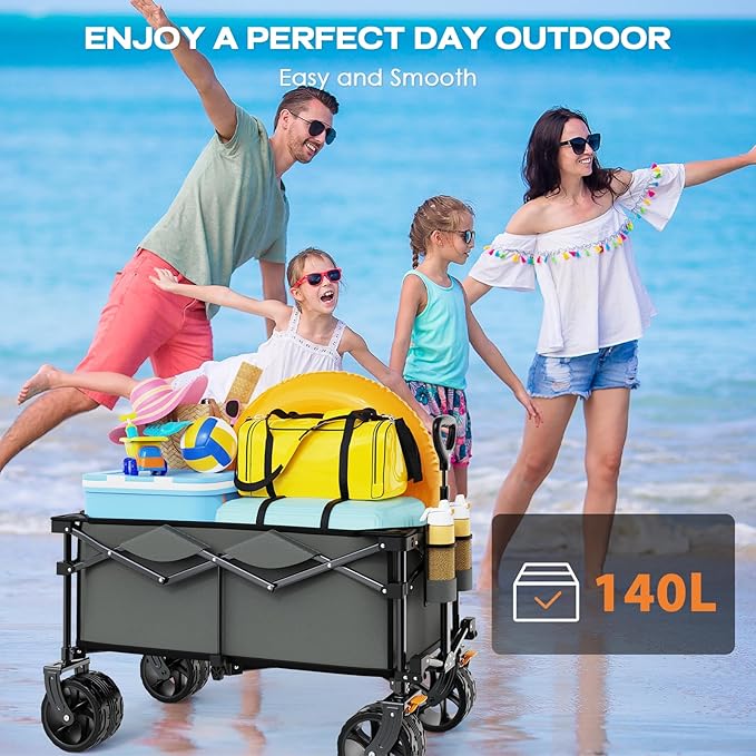 Collapsible Wagon Cart Heavy Duty Foldable, Folding Beach Wagon with Big Wheels for Sand, Utility Grocery Cart with Side Pocket and Brakes for Camping Sports Outdoor Activities, Grey