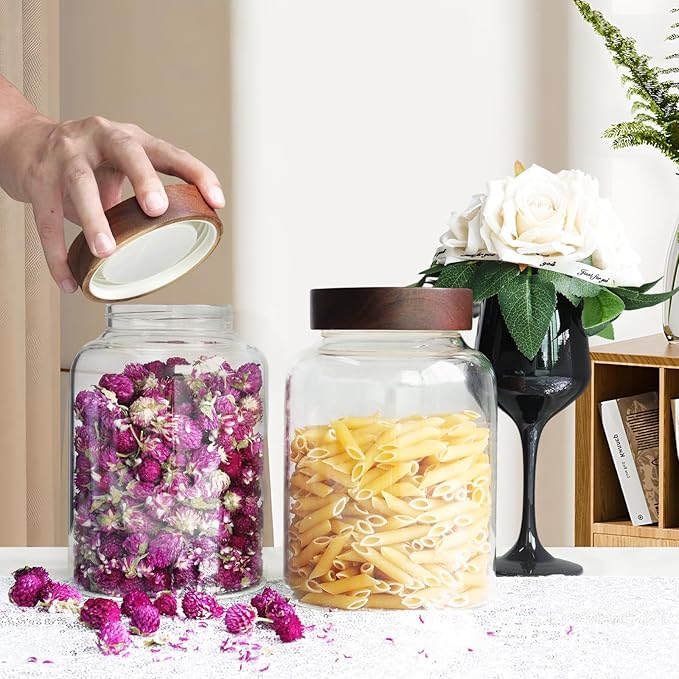 Glass Coffee Jars Spice Jar Round Storage Canister with Wooden Lid Clear Glass Food Jar for Pantry Sugar Tea Coffee Bean Spice Nuts Cookies Bath Salts (1800ml/60oz-2PACK（with spoon))