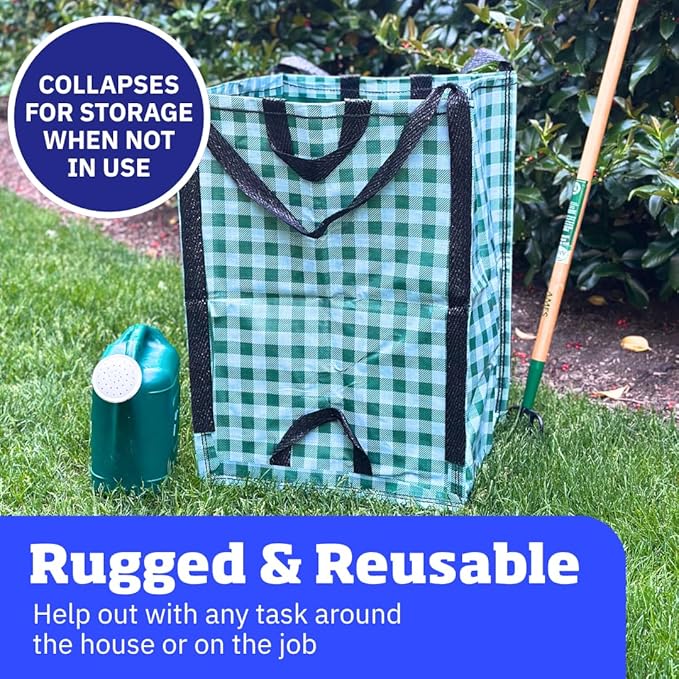 DURASACK Heavy Duty Home and Yard Bags 48-Gallon Reusable Self-Standing Lawn and Leaf Bags Garbage Can with Reinforced Handles, Gingham Green, 3 Pack
