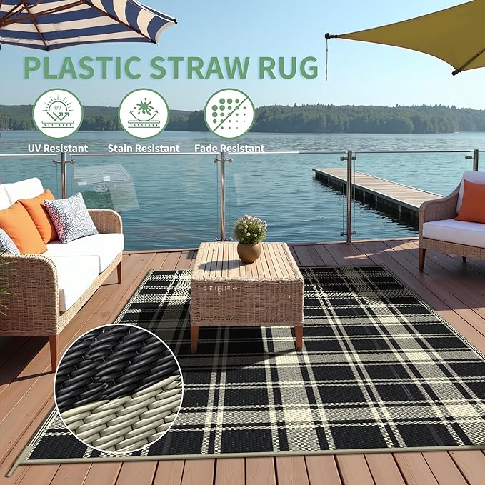 GENIMO Waterproof Outdoor Rug for Patio Clearance, 8'x10' Reversible Plastic Straw Rugs, Lightweight RV Camping Mat for Camper, Balcony, Deck, Backyard, Picnic, Black & Beige