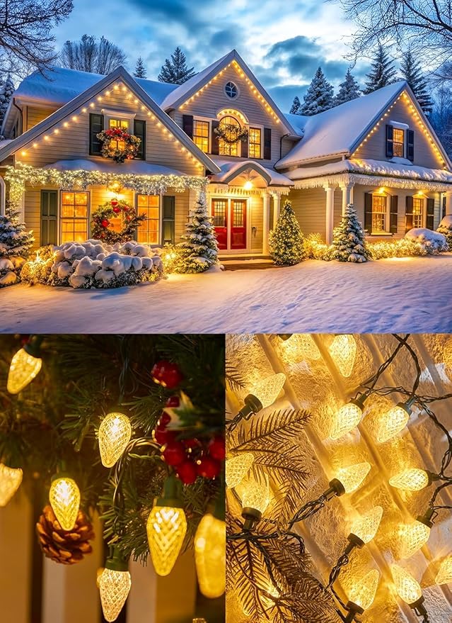 C9 LED Christmas Lights Outdoor, 81 Feet 100 LED String Lights with Timer & 8 Lighting Mode, Waterproof Commercial Grade Extendable for Indoor Outside Roofline Patio Home Xmas Decoration, Warm White