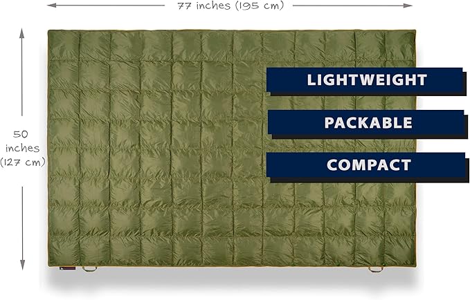 Double Puffy Camping Blanket - Extra Puffy, Packable, Lightweight and Warm | Ideal for Outdoors, Travel, Stadium, Festivals, Beach, Hammock | Water-Resistant Camp Quilt (Olive/Orange)