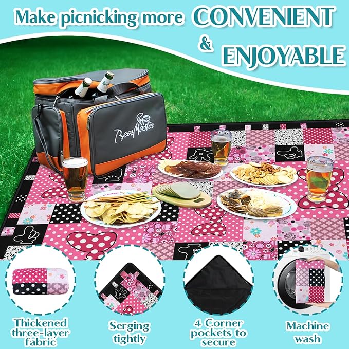 Pink Picnic Blankets Waterproof Foldable, 60″X80″ Checkered Thick Picnic Mat Outdoor Blanket for Grass, Cute Beach Blanket Sandproof Picnic Accessories for Camping Party Park Girls Gifts