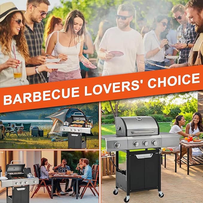 3-Burner BBQ Propane Gas Grill with Side Burner, 40,500 BTU Stainless Steel Patio Barbecue Grill with Waterproof Cover, Pull Out Grease Tray, For Camping, Outdoor Cooking (Style1)