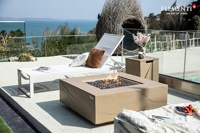 Elementi+ | Uluru Gas Fire Pit Cast Concrete 40" Square Fire Table, Outdoor Fire Pit Electronic Ignition | Canvas Cover, Fire Glass and Burner Lid Included | Sunlight Yellow | Natural Gas