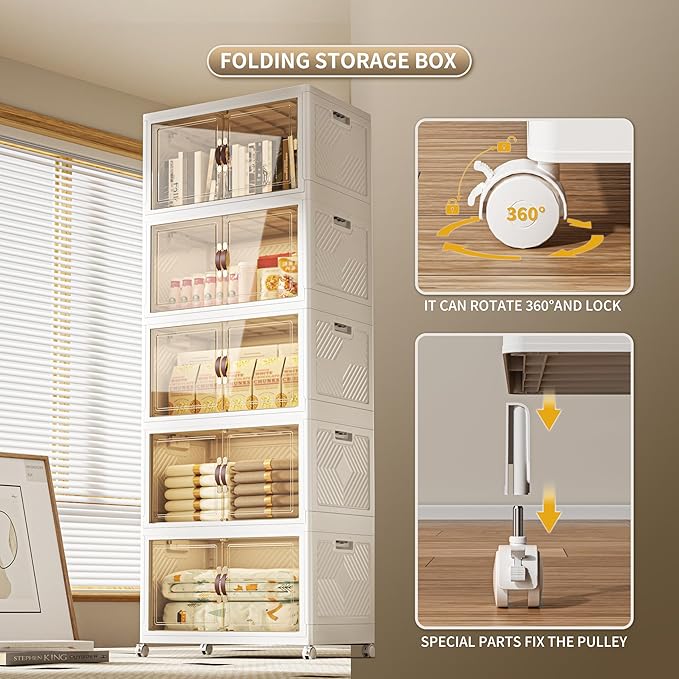 660 QT / 165 Gal Collapsible Storage Bins with Wheels & Magnetic Doors - Stackable Plastic Cabinet Organizer for Home, Garage, Closet (White Space-Saving Containers)