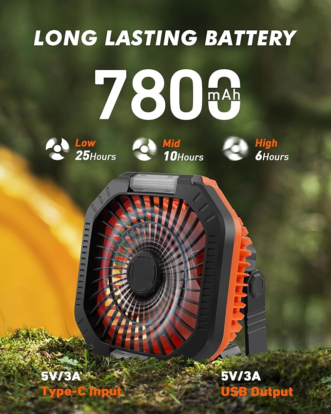 DUKUSEEK Camping Fan with LED Lantern & Remote, 25H Work Time Battery Operated Fan with Hang Hook for Tent, Portable Ceiling Tent Fan with Remote for RV Outages Emergency Desk Bedroom