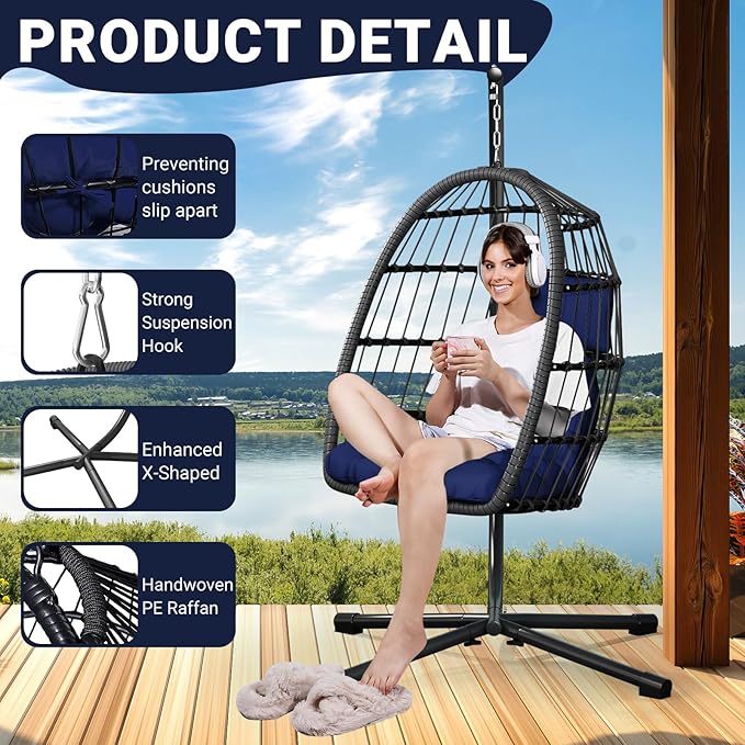 LEVELEVE Egg Chair with Stand,Patio Rattan Wicker Hanging Swing Egg Chair Hammock Chair for Porch Garden,Thickened Aluminum Alloy Steel Frame and UV Resistant Cushion,350LBS Capacity(Dark Blue)