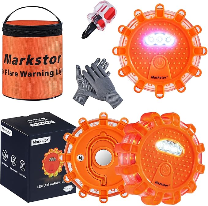 3 Pack of LED Emergency Car Kit Flashing Warning Lights Roadside Security for Vehicle Truck Boats with Hook, Amber Safety Flares Warning Lights Disc Magnet (Battery Not Included)