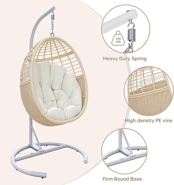 TWT Hanging Egg Chair with Stand, 330lbs Capacity Patio Wicker Egg Swing Chair with UV Resistant Cushion for Bedroom Garden Indoor Outdoor (Beige)