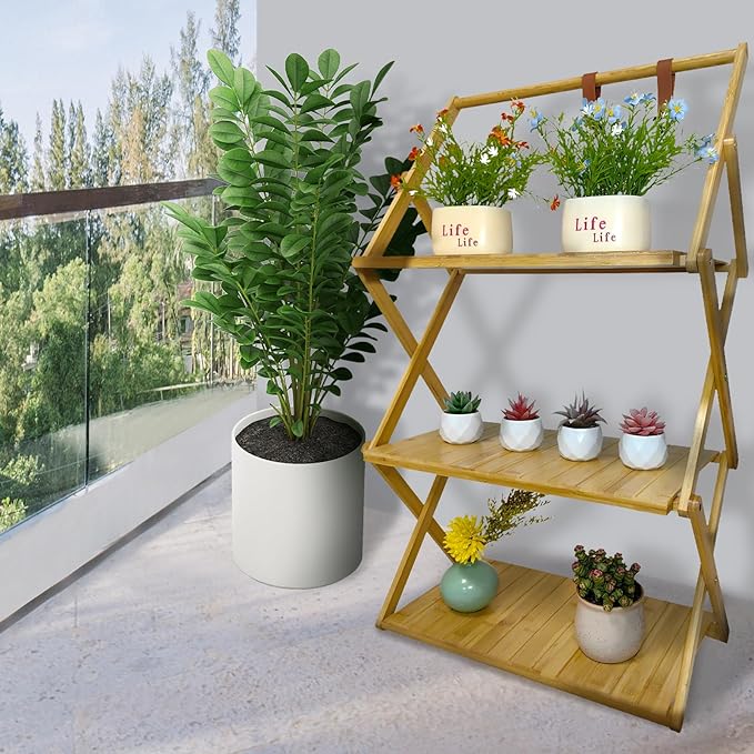 Foldable Bamboo Shelf, Folding Shoe Rack, Flower Rack, Camping Rack, No Installation Required, Portable, Space Saving, Multi-Purpose Storage Rack (Natural,3 Tiers with Boom)