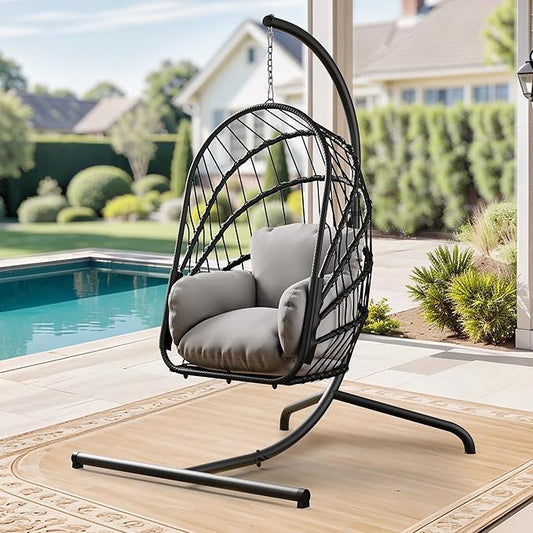 YITAHOME Hanging Egg Chair with Stand, Rattan Wicker Swing Egg Chair with Resistant Cushion, 370lbs Capacity, Foldable Hanging Basket Chair for Porch, Garden, Bedroom, Balcony - Grey