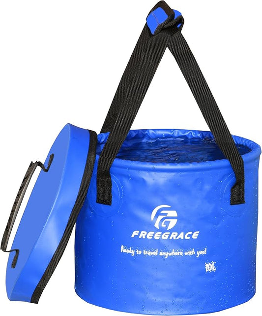 Premium Collapsible Bucket by Freegrace - Compact Portable Folding Water Container - Lightweight & Durable - Includes Handy Tool Mesh Pocket