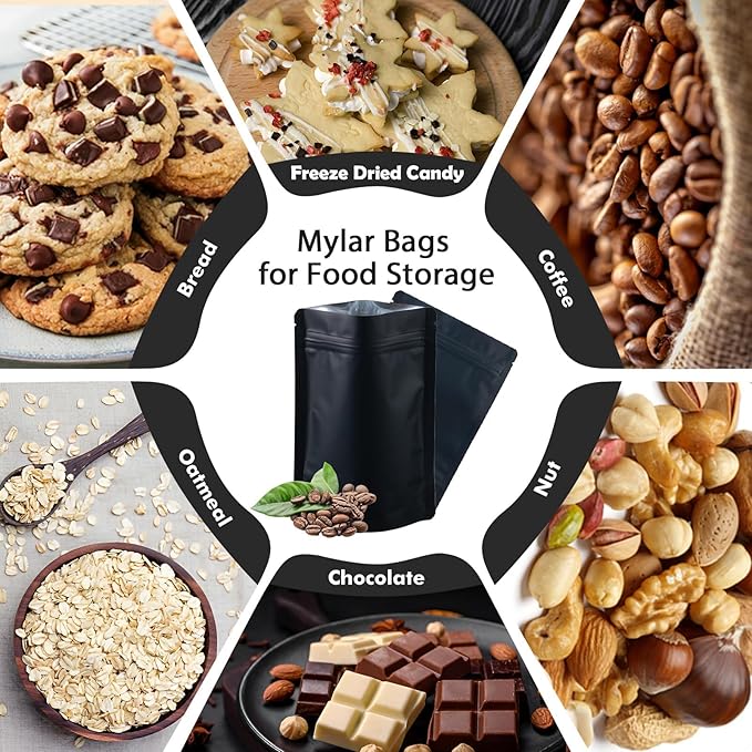 200 Pcs Mylar Bags for Food Storage 5x7 Smell Proof Bag Stand Up, Foil Resealable Bags for Food, Freeze Dried Candy Packaging Sealable Pouch Jewelry Bracelet Pouch for Small Business, Black