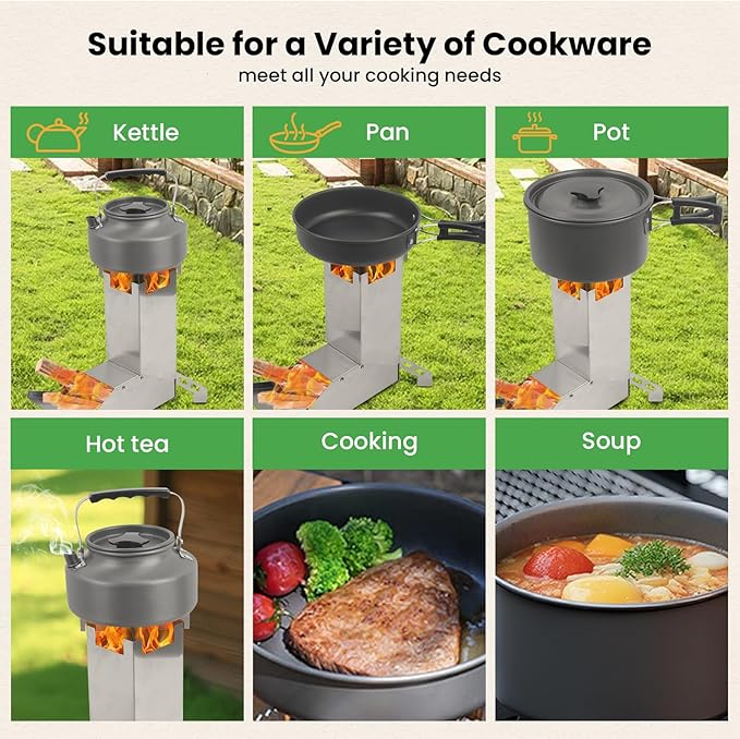 GEEKHOM Rocket Stove Portable Camping Stove - Mini Stainless Steel Folding Wood Burning Stove w/Storage Bag & Gloves | Efficient for Camp, Picnic, Hunting, Fishing, BBQ