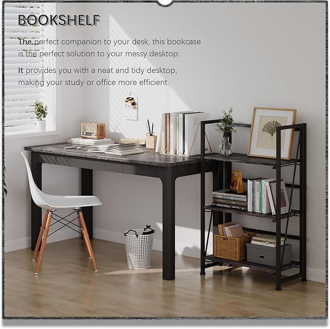 4NM No-Assembly Folding Bookshelf Storage Shelves 3 Tiers Vintage Bookcase Standing Racks Study Organizer Home Office (Gray Black)