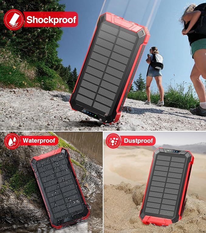 GOODaaa Power Bank Wireless Charger 36000mAh Built in 4 Cables Six Outputs 15W Fast Charging Power Bank for All Mobile Devices Three Inputs Solar Portable Charger with Dual Flashlights, Carabiner