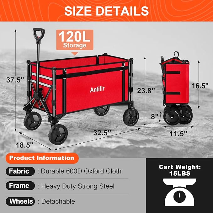 Collapsible Wagon Carts,Folding Wagon Cart with All Terrain Wheels,Heavy Duty Garden Carts with Adjustable Handle,Outdoor Utility Wagon for Camping Shopping Sports Fishing（Red）