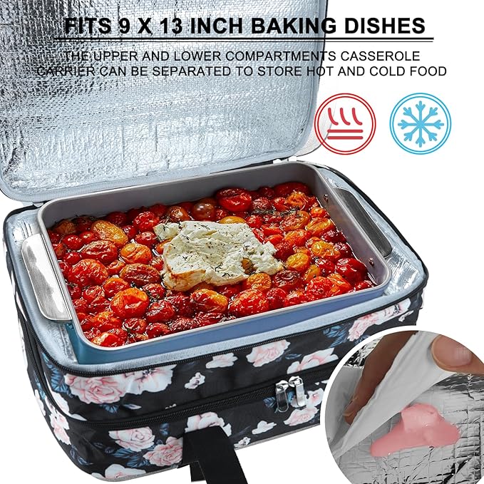 esouler Double Insulated Casserole Carrier Bag Hot & Cold Food Carrier Bag Lasagna Holder Lunch Bag for Picnics, Parties, Travel, Fits 9 x 13 Inches Casserole Dish-Flower