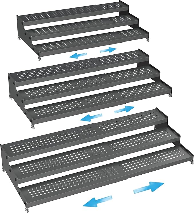 Expandable Spice Rack organizer with 3-Tier step shelf,Modern Design heavy duty,Non Skid and Visibility,Great for Kitchen Cabinet, Pantry and more(3PACKS/GUN-GREY)