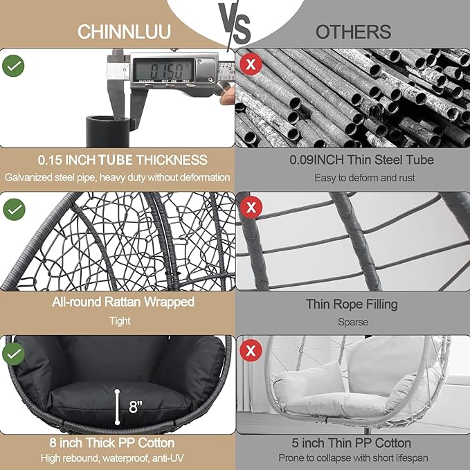 Oversized Hanging Egg Chair Outdoor Wicker Swing Chair with Stand Rain Cover UV Resistant Cushion 400lbs Capacity for Patio, Garden and Balcony