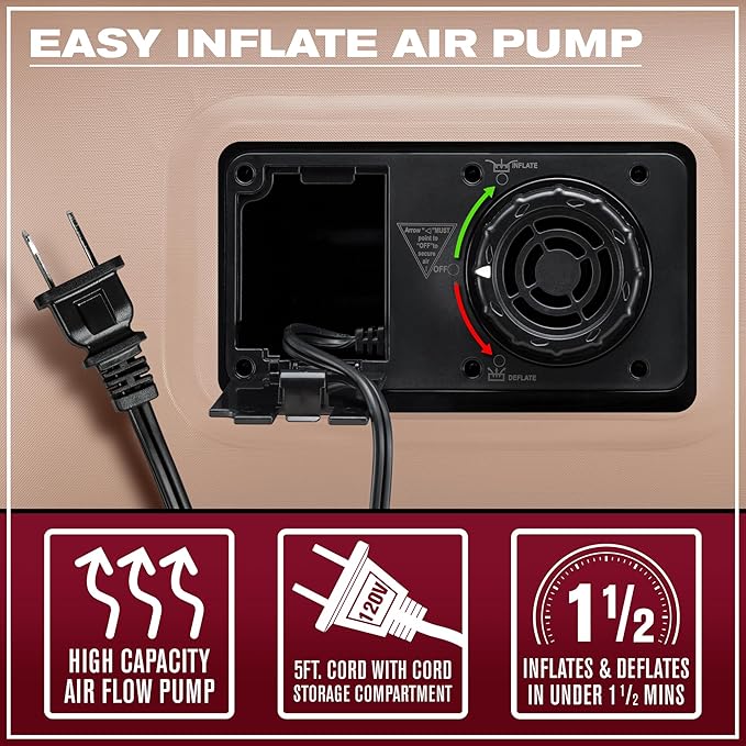 Pittman Outdoors Comfort Series Indoor Air Mattress with Built-in Electrical Air Pump, Twin 18-Inches Tall, Tan