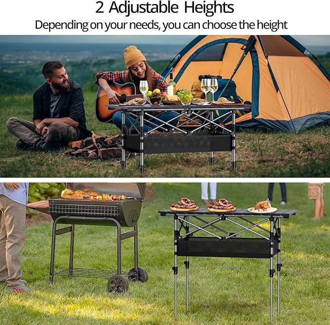 Folding Camping Table, Aluminum Roll Up Camping Table Adjustable Height with Storage Net and Bag, Lightweight Outdoor Table 32.2” X 16”, for Outdoor Travel BBQ Party Picnic, Black