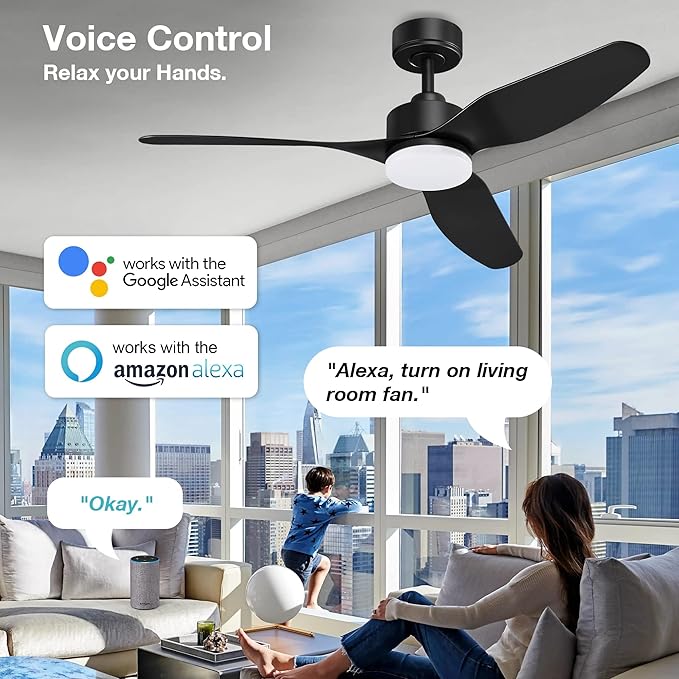 48” Smart Ceiling Fans with LED Lights Remote,Quiet DC Motor,Dimmable,Outdoor Indoor Modern Ceiling Fan Controlled by WIFI Alexa App,3 Black Blades for Bedroom Living Room Patio Porch