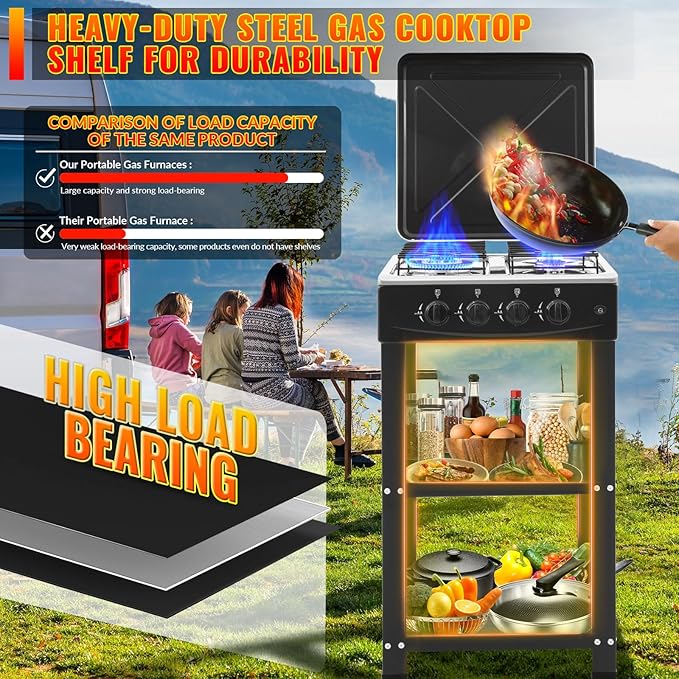 4 Burner Propane Gas Stove,300000BTU Portable Gas Stove with Support Leg Stand and Wind Blocking Cover Adapter Auto Ignition Camping Stove,propane burner for RV, Apartment, Outdoor Cooking