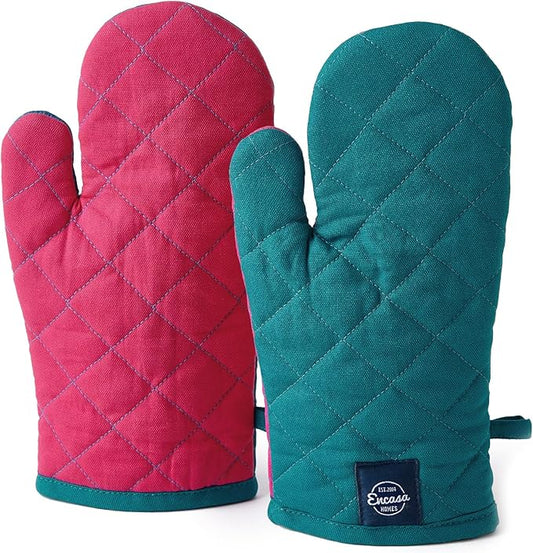 Encasa XO Heat Resistant Cotton Oven Gloves Mitts (2 Pc Set) - Quilted & Safe 12x7 in - for Kitchen, Cooking & Baking, Grilling, Handling Hot Pots & Pans - Azul Blue