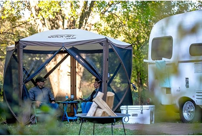 CLAM Pop Up Screen Tent, Outdoor Camping Gazebo Canopy, Venture, 9' x 9', Tan