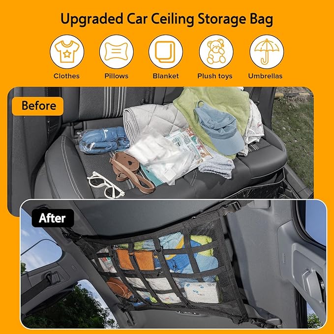 Car Ceiling Cargo Net with 3 Pockets,31.5"x21.6" Car Overhead Storage Mesh Organizer,Double Layer Roof Mesh Camping Overlanding Gear Must Haves Cargo Net,Road Trip Essentials