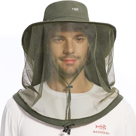 BASSDASH UPF 50+ Mosquito Net Hat with Stowable Neck Flap for Men Women Outdoor Fishing Hiking Camping Gardening FH17