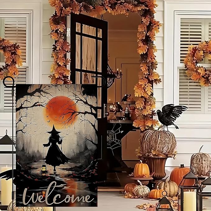 Halloween Garden Flag for Outside 12x18 Inch Double Sided, Witch Small Yard Flags for Outside, Outdoor Welcome Flag Front Porch Decorations for Home