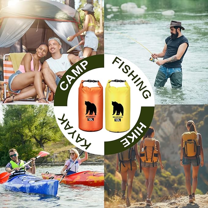 2 Pcs 10L Waterproof Bear Bags with 4 Nylon Ropes, 4 Clips & 2 Rock Pockets & 2 Small Warning Bells for Hanging Food securely. Ultralight Camping Food Bag System.