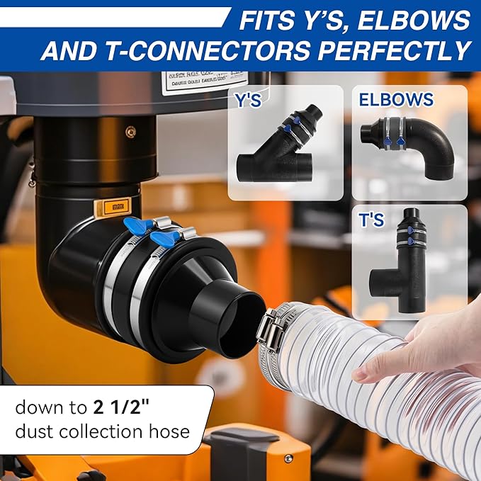 2-1/2 x10 ft PVC Dust Collection Hose with 2 Steel Hose Clamps 4 to 2-1/2 Cone Reducer & 4 in Dust Collection Flex Cuff with 2 Adjustable Turn Key Thumb Clamps for Debris Collection System