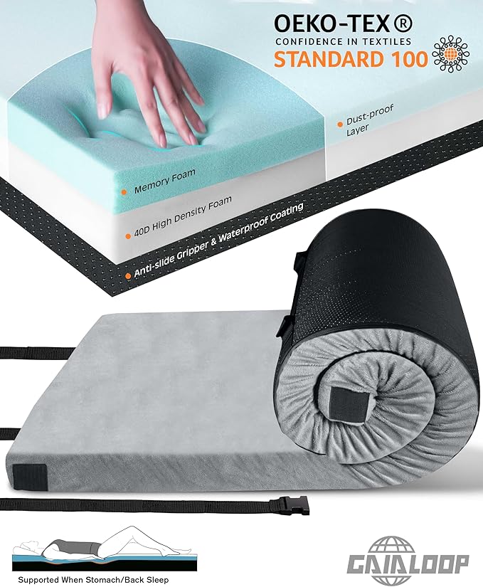 3 Inch GAIALOOP Thick Memory Foam Camping Mattress Sleeping Pad [Car/Tent/Cot] Glamping Portable Floor Mat Roll Up Futon Mattress for Guests Sleepover