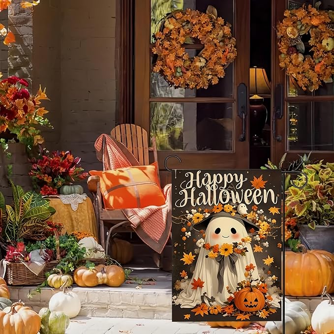 Happy Halloween Garden Flag 12X18 Inch Double Side,Cute Pumpkin Ghost Yard Flag, Jack O Lantern Small Garden Flag,Yard Outdoor Flag for Holiday Outside Patio Lawn Decoration