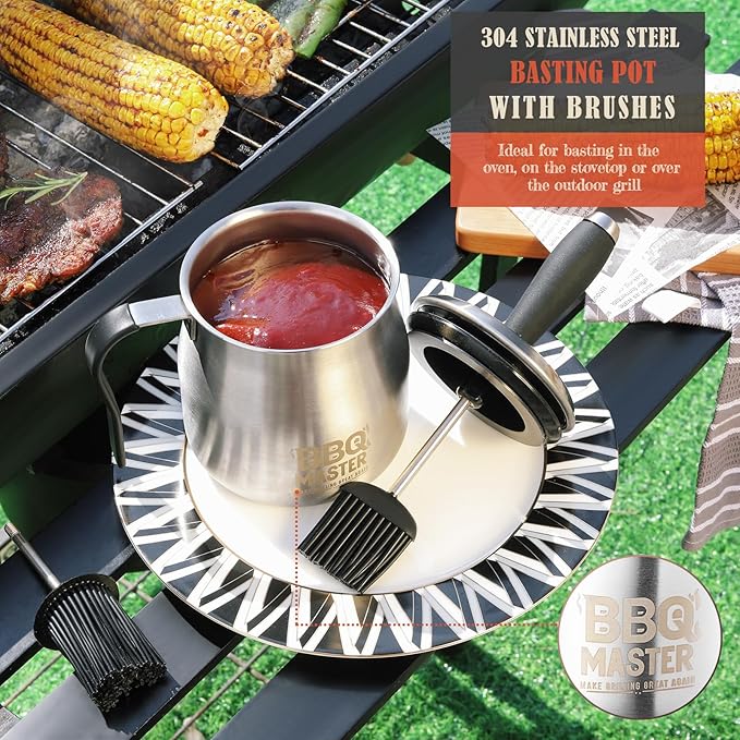 32 OUNCE BBQ Basting Pot with 2 Replaceable Brushes，Grilling Gifts for Men&Dad，Stainless Steel 304 Barbecue Sauce Pot Brush Set，Airtight Melting Pot Sauce Container，Birthday Gifts for HIm Dad Husband